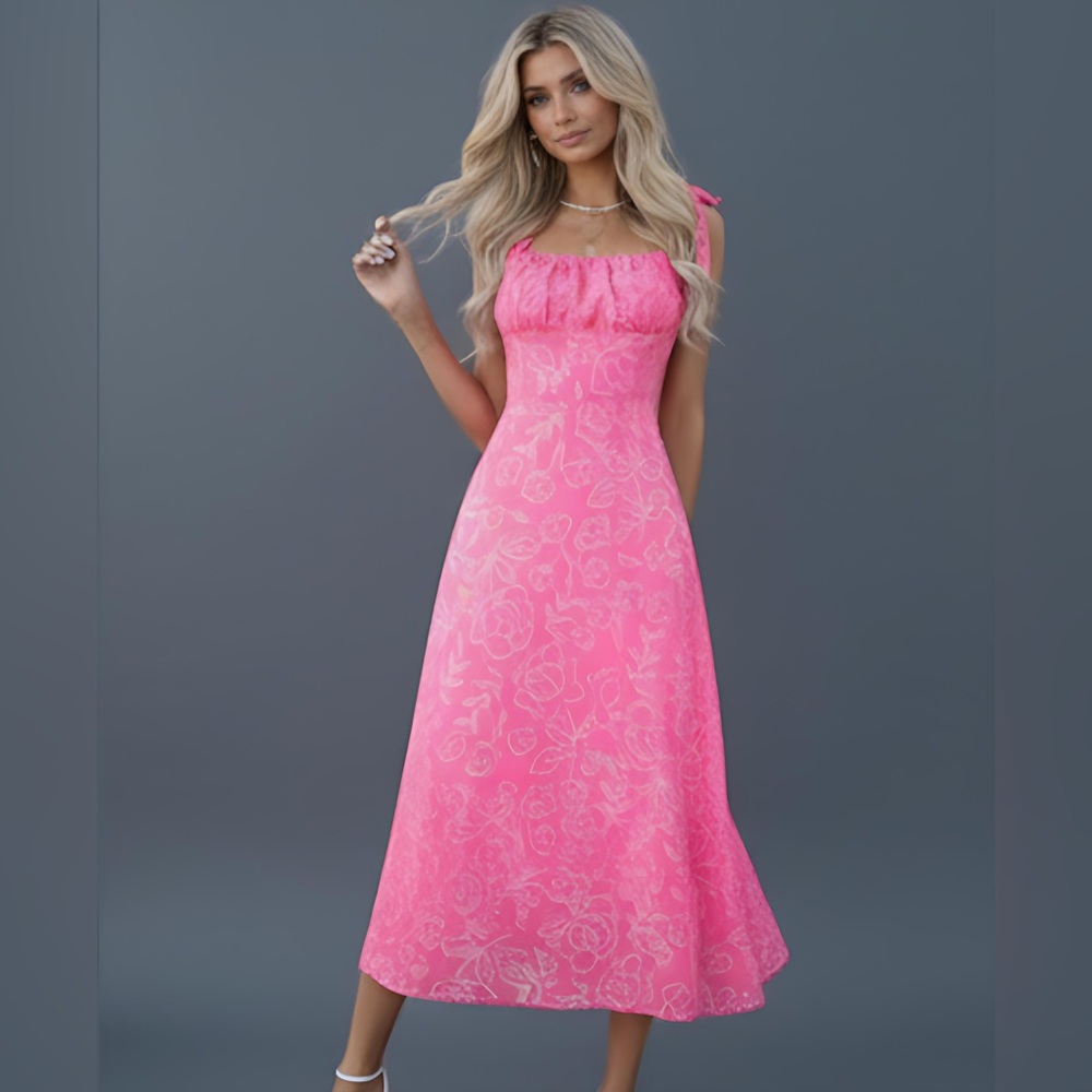 Last One 🔥 Pink Chiffon Floral Print Tie Shoulder Ruched Bust Cami Dress - Picture 2 of 8